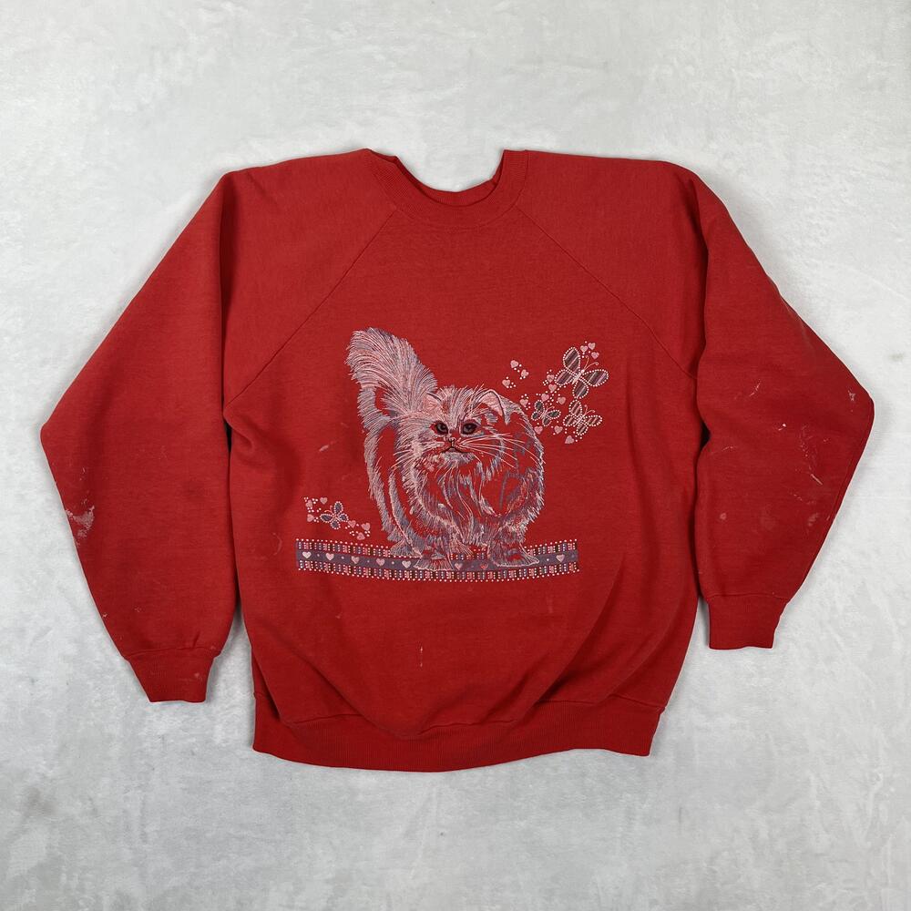 Vintage Cat Raglan Sweatshirt Womens Large Red Raglan Fleece Crewneck 80s